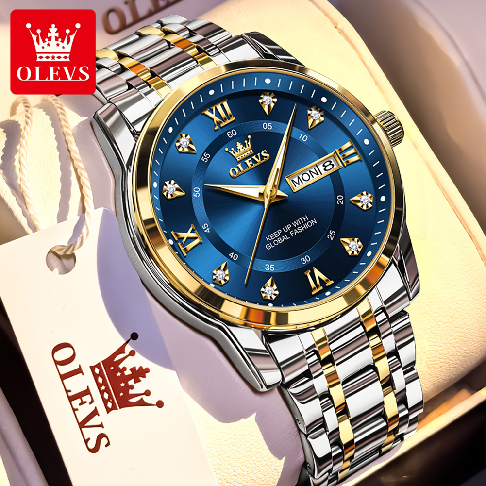 Luxury Zone - OLEVS ブランドファッションメンズ腕時計ステンレス鋼防水クォーツ腕時計発光オリジナル腕時計男性用デュアルカレンダー