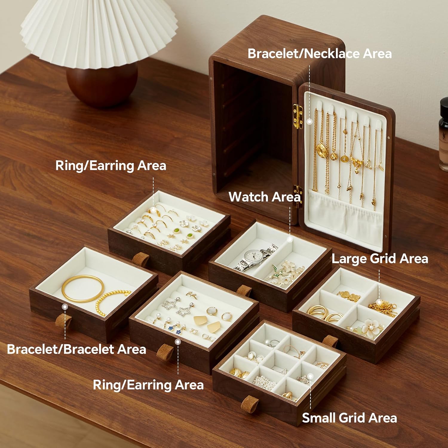ブラックウォールナット無垢材キャビネットジュエリーボックス、 - Velvet Jewelry Box のレビューと価格