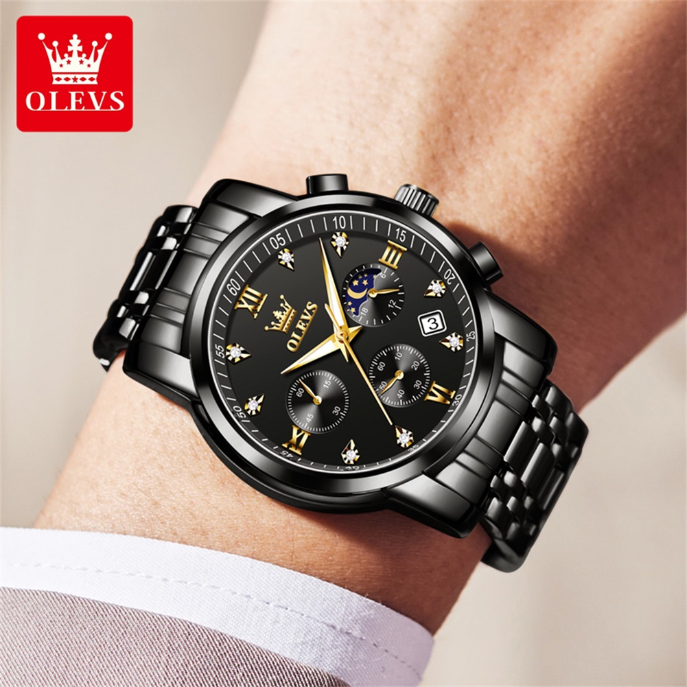OLEVS 人気のメンズ腕時計ステンレススチールブラックムー - Luxury Zone のレビューと価格