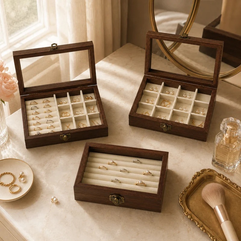 寝室用デスクトップウォールナット柄ベルベットジュエリーオーガ - Velvet Jewelry Box のレビューと価格